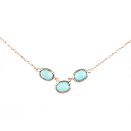 925 Sterling Silver necklace rose gold plated with three oval stones of Aqua Chalcedony