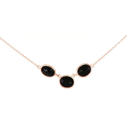 925 Sterling Silver necklace rose gold plated with three oval stones (9x7mm) of Black Onyx