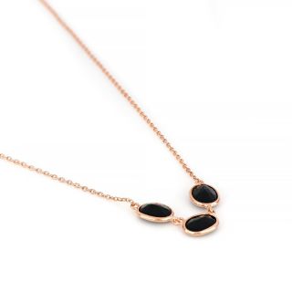 925 Sterling Silver necklace rose gold plated with three oval stones (9x7mm) of Black Onyx - 