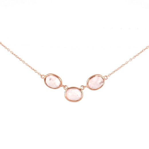 925 Sterling Silver necklace rose gold plated with three oval stones of rose quartz