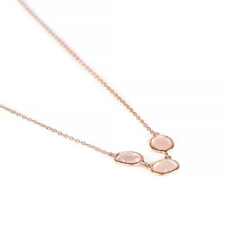 925 Sterling Silver necklace rose gold plated with three oval stones of rose quartz - 