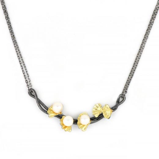925 Sterling Silver necklace ruthenium plated, gold plated and three fresh water Pearls
