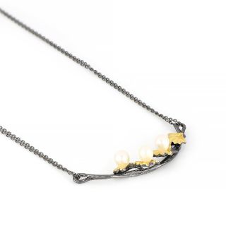 925 Sterling Silver necklace ruthenium plated, gold plated and three fresh water Pearls - 