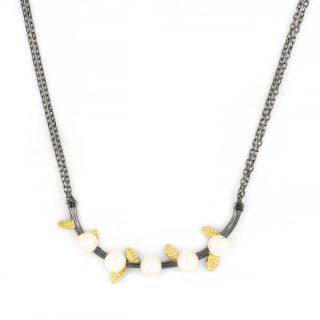 925 Sterling Silver necklace ruthenium plated, gold plated and five fresh water Pearls 925 Sterling Silver necklace ruthenium plated, gold plated and five fresh water Pearls