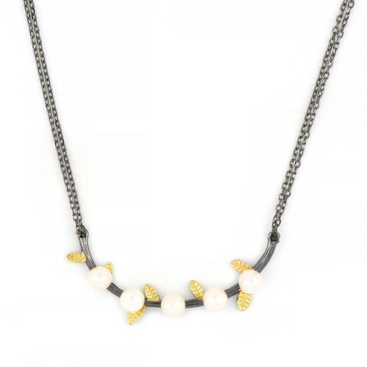 925 Sterling Silver necklace ruthenium plated, gold plated and five fresh water Pearls