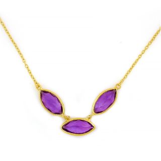 925 Sterling Silver necklace  gold plated with three stones of Amethyst "navette" shape 925 Sterling Silver necklace  gold plated with three stones of Amethyst "navette" shape
