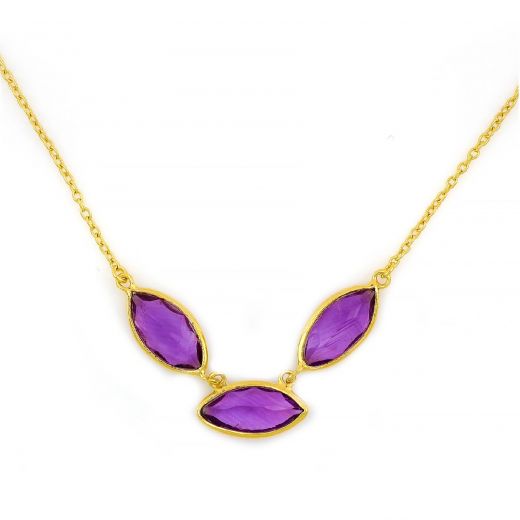 925 Sterling Silver necklace  gold plated with three stones of Amethyst "navette" shape