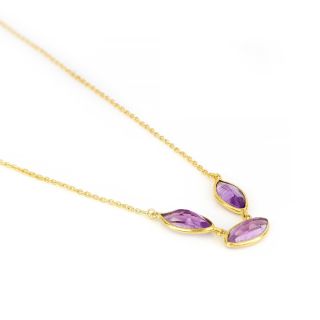 925 Sterling Silver necklace  gold plated with three stones of Amethyst "navette" shape - 