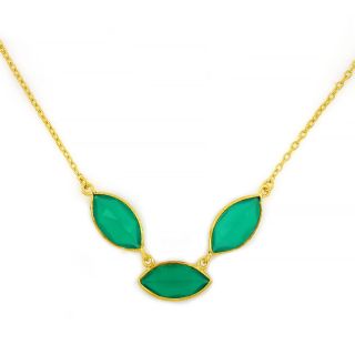 925 Sterling Silver necklace gold plated with three stones  Green Onyx "navette" shape 925 Sterling Silver necklace gold plated with three stones  Green Onyx "navette" shape