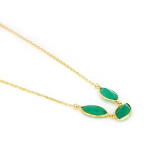 925 Sterling Silver necklace gold plated with three stones  Green Onyx "navette" shape - 