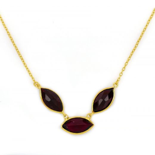 925 Sterling Silver necklace gold plated with three stones of Garnet "navette" shape
