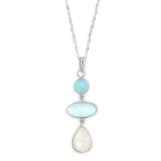 925 Sterling Silver necklace rhodium plated with aqua chalcedony, blue topaz and rainbow moonstone