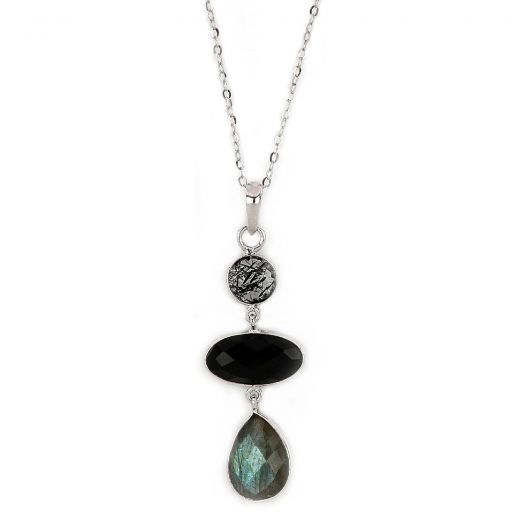 925 Sterling Silver necklace rhodium plated with black rutile, black onyx and labradorite