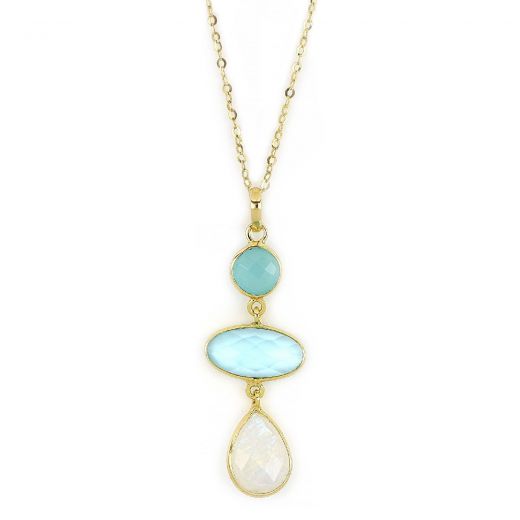 925 Sterling Silver necklace gold plated with aqua chalcedony, blue topaz and rainbow moonstone
