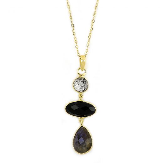 925 Sterling Silver necklace gold plated with black rutile, black onyx and labradorite