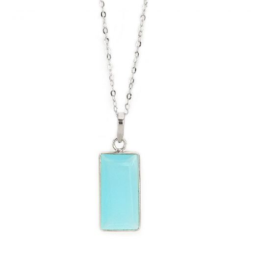 925 Sterling Silver necklace rhodium plated with aqua chalcedony in rectangular shape