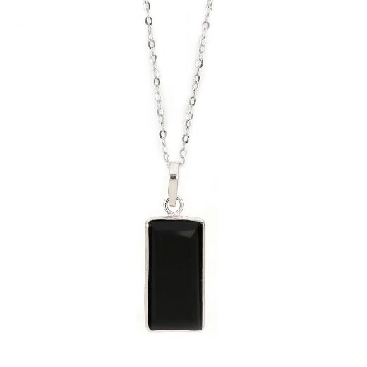 925 Sterling Silver necklace rhodium plated with black onyx in rectangular shape