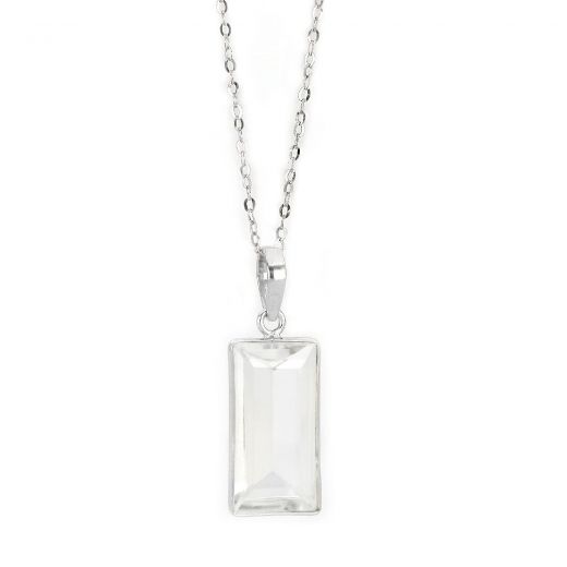 925 Sterling Silver necklace rhodium plated with crystal in rectangular shape