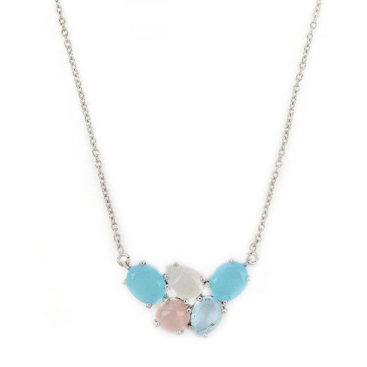 925 Sterling Silver necklace rhodium plated with aqua chalcedony, rainbow moonstone, rose quartz and blue topaz