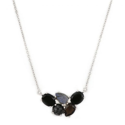 925 Sterling Silver necklace rhodium plated with two black onyx stones, labradorite, black rutile and smoky