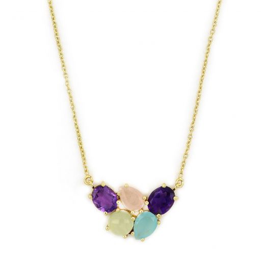 925 Sterling Silver necklace gold plated with amethyst, rose quartz, prehnite and aqua chalcedony