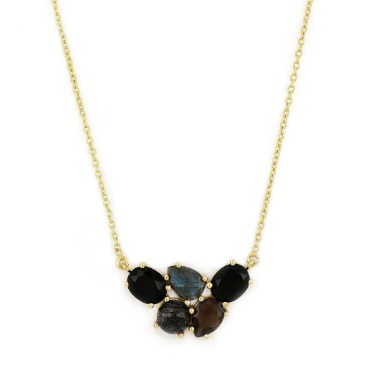 925 Sterling Silver necklace gold plated with two black onyx stones, labrdadorite, black rutile and smoky