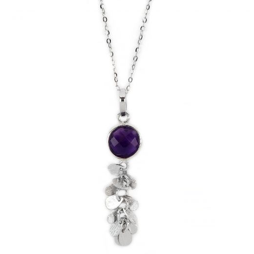 925 Sterling Silver necklace rhodium plated with amethyst and hanging charms