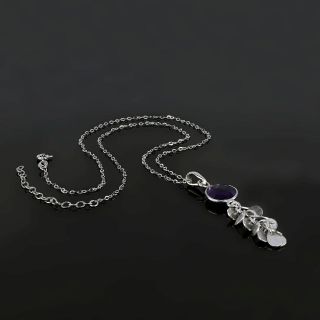 925 Sterling Silver necklace rhodium plated with amethyst and hanging charms - 