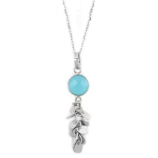 925 Sterling Silver necklace rhodium plated with aqua chalcedony and hanging charms