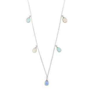 925 Sterling Silver necklace rhodium plated with two rainbow moonstones, two aqua chalcedony stones and one blue chalcedony 925 Sterling Silver necklace rhodium plated with two rainbow moonstones, two aqua chalcedony stones and one blue chalcedony