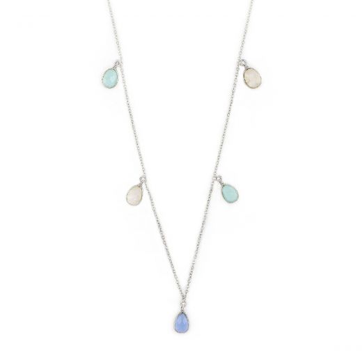 925 Sterling Silver necklace rhodium plated with two rainbow moonstones, two aqua chalcedony stones and one blue chalcedony