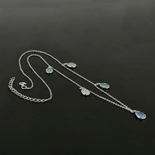 925 Sterling Silver necklace rhodium plated with two rainbow moonstones, two aqua chalcedony stones and one blue chalcedony - 