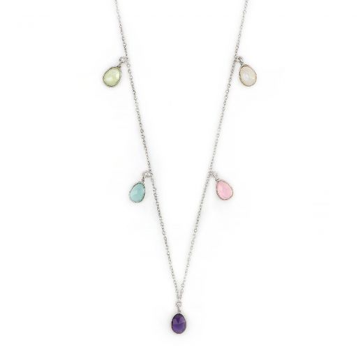925 Sterling Silver necklace rhodium plated with prehnite, aqua chalcedony, amethyst, rainbow moonstone and rose chalcedony