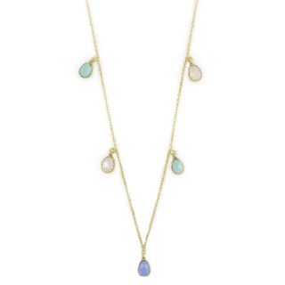 925 Sterling Silver necklace gold plated with two rainbow moonstones, one aqua chalcedony and one blue chalcedony 925 Sterling Silver necklace gold plated with two rainbow moonstones, one aqua chalcedony and one blue chalcedony