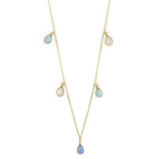 925 Sterling Silver necklace gold plated with two rainbow moonstones, one aqua chalcedony and one blue chalcedony