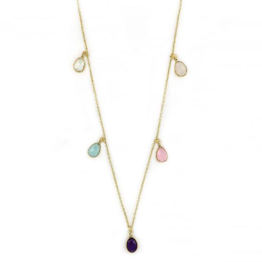 925 Sterling Silver necklace gold plated with prehnite, aqua chalcedony, amethyst and rose chalcedony