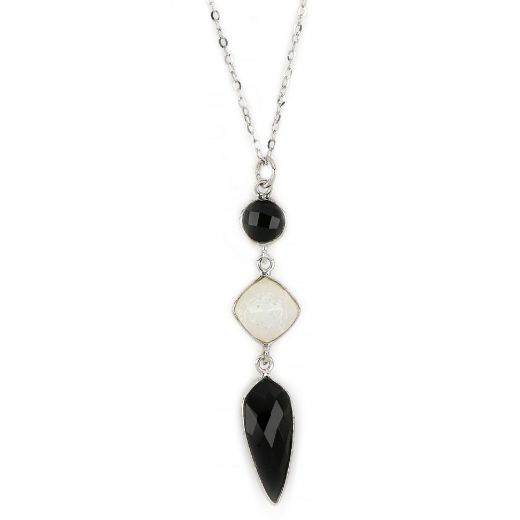 925 Sterling Silver necklace rhodium plated with two black onyx stones and rainbow moonstone in rhombus shape