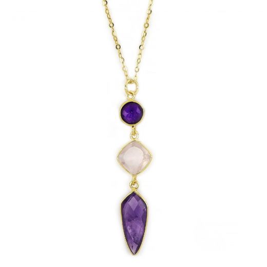 925 Sterling Silver necklace gold plated with two amethyst stones and rose quartz in rhombus shape