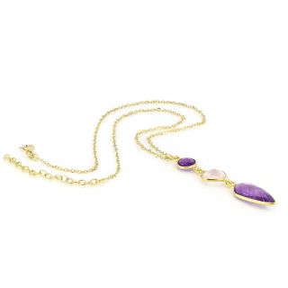 925 Sterling Silver necklace gold plated with two amethyst stones and rose quartz in rhombus shape - 