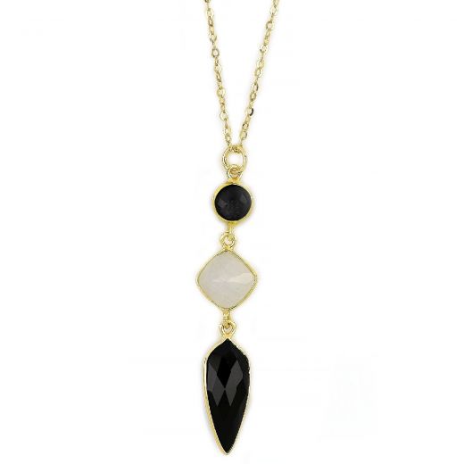 925 Sterling Silver necklace gold plated with two black onyx stones and rainbow moonstone in rhombus shape
