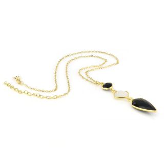 925 Sterling Silver necklace gold plated with two black onyx stones and rainbow moonstone in rhombus shape - 