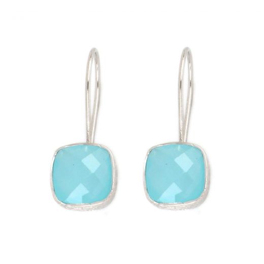 925 Sterling Silver earrings rhodium plated with round Aqua Chalcedony