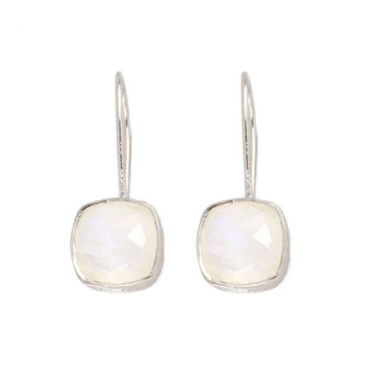 925 Sterling Silver earrings rhodium plated with round Rainbow Moonstone
