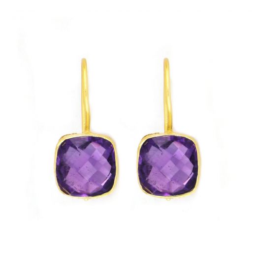 925 Sterling Silver earrings gold plated with square Amethyst