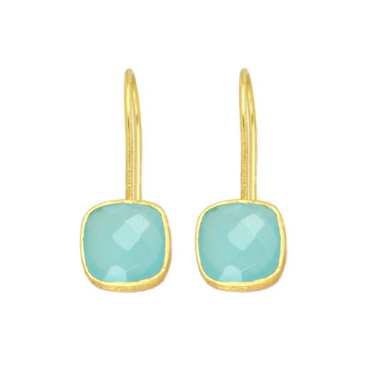 925 Sterling Silver earrings gold plated with square Aqua Chalcedony