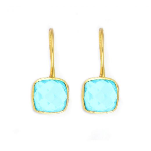 925 Sterling Silver earrings gold plated with square Blue Quartz