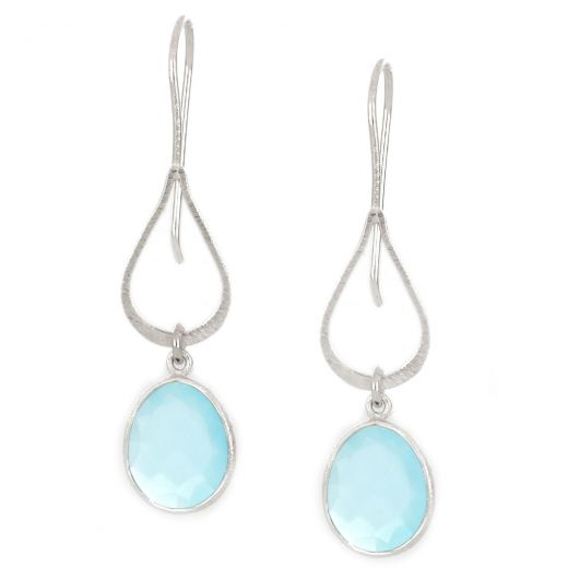 925 Sterling Silver earrings rhodium plated with oval Aqua Chalcedony 13x11mm