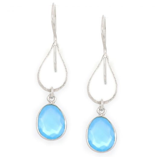 925 Sterling Silver earrings rhodium plated with oval Blue Chalcedony