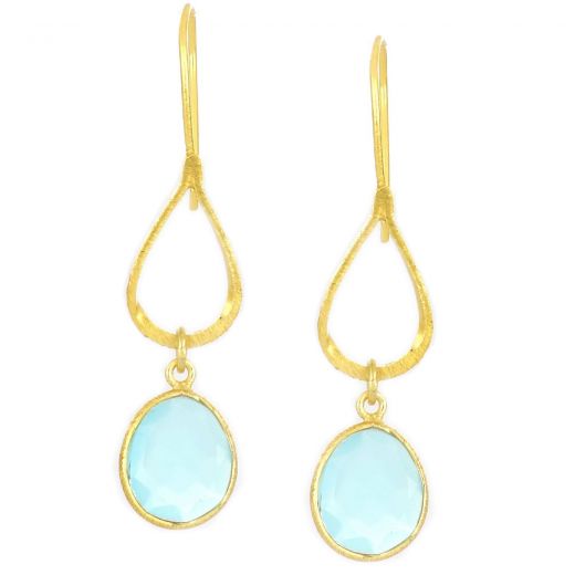 925 Sterling Silver earrings gold plated with oval Aqua Chalcedony