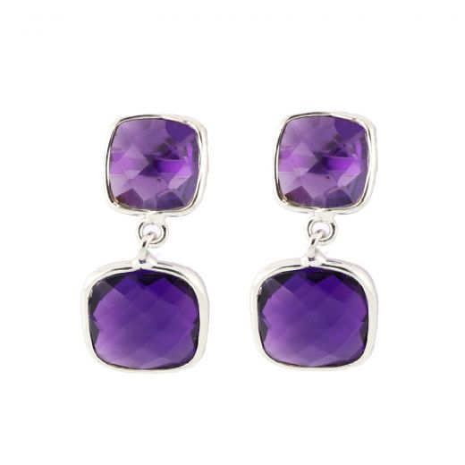 925 Sterling Silver earrings rhodium plated with two square stones of Amethyst